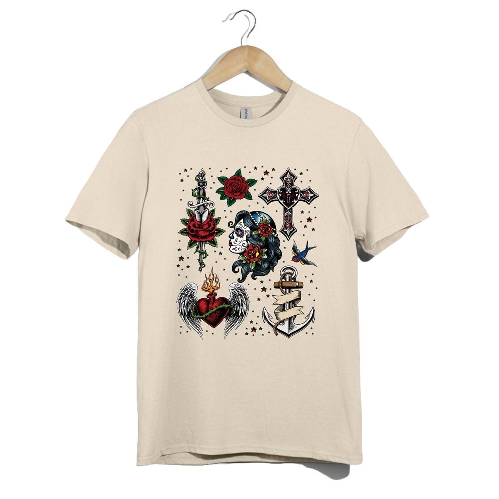 Tattoo Flash T-Shirt Unisex Anchor Rose Skull Dagger Cross Day of the Dead Tee