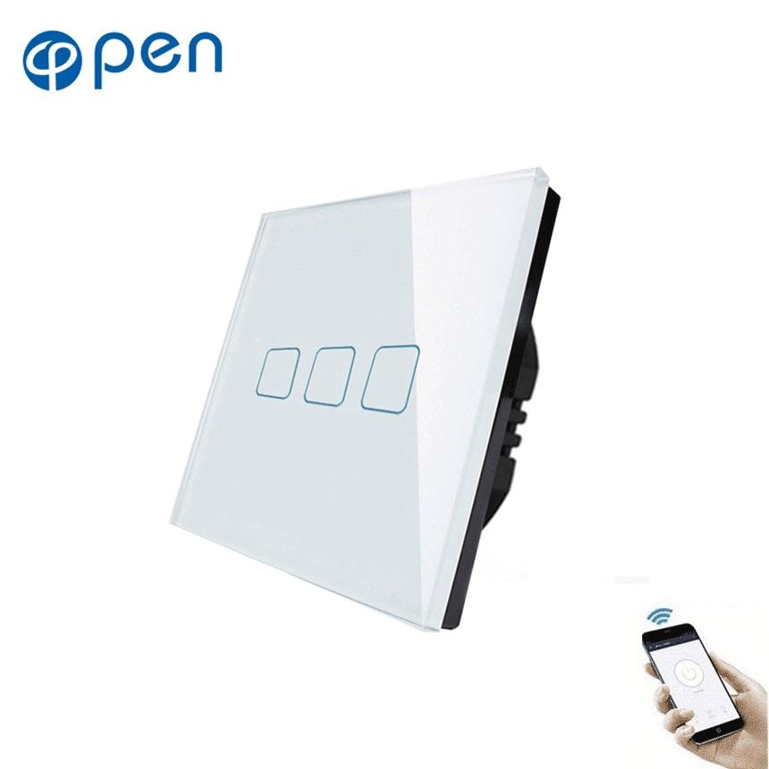Open Electric EU Standard 3 Gang 1 Way Toughened Glass Panel Smart Home Remote Control Wifi Wall Light Touch Switch