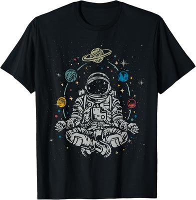 Astronaut Meditating In Lotus Pose Yoga Space Planets Graphic T-Shirt Casual Trip Tee
