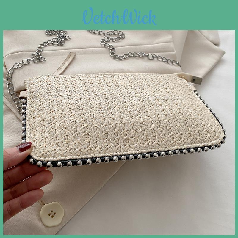 Mini Grass Weaving Chain Crossbody Bag With Zipper Closure For Daily Use