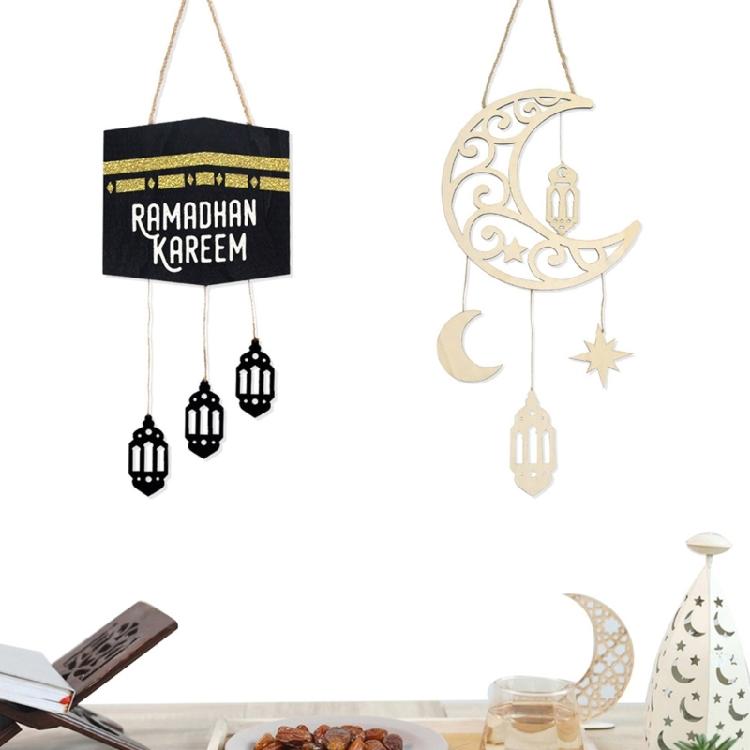 Religious Holiday Decoration Cultural Event Ornament Elegant Wood Moon and Star Hanging Pendant for Home and Mosque Use