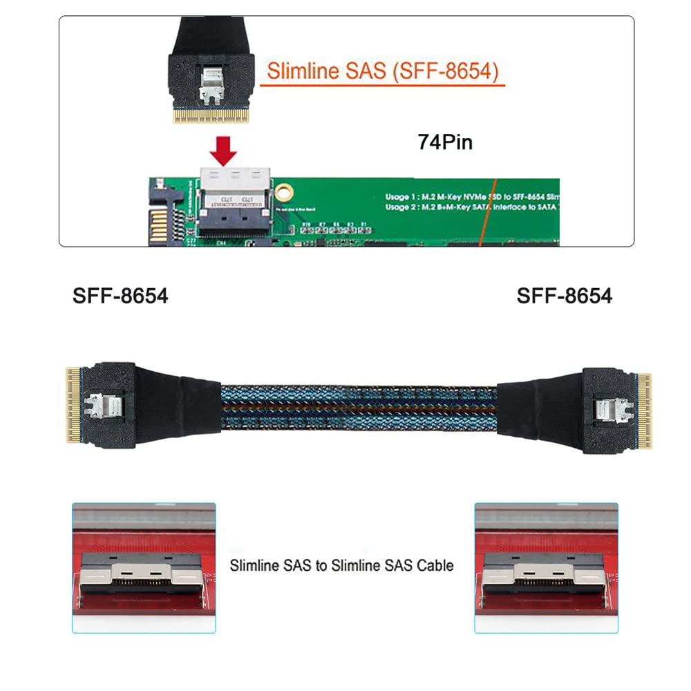 NFHK Slimline SAS 8i74Pin Host To 74Pin SlimSAS Target Cable 50cm PCI-E 4.0 SFF-8654 SFF-8654