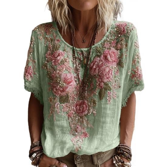 Women Tops Round Neck Short Sleeve Pullover Tops Loose Fit Faux Pearls 3D Floral