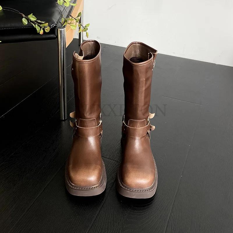 fashion Platform Combat Boots Zip Chuny Heel Buckle Vintage Fashion Casual Luxury Designer Western Mid Calf Boots Shoes Woman