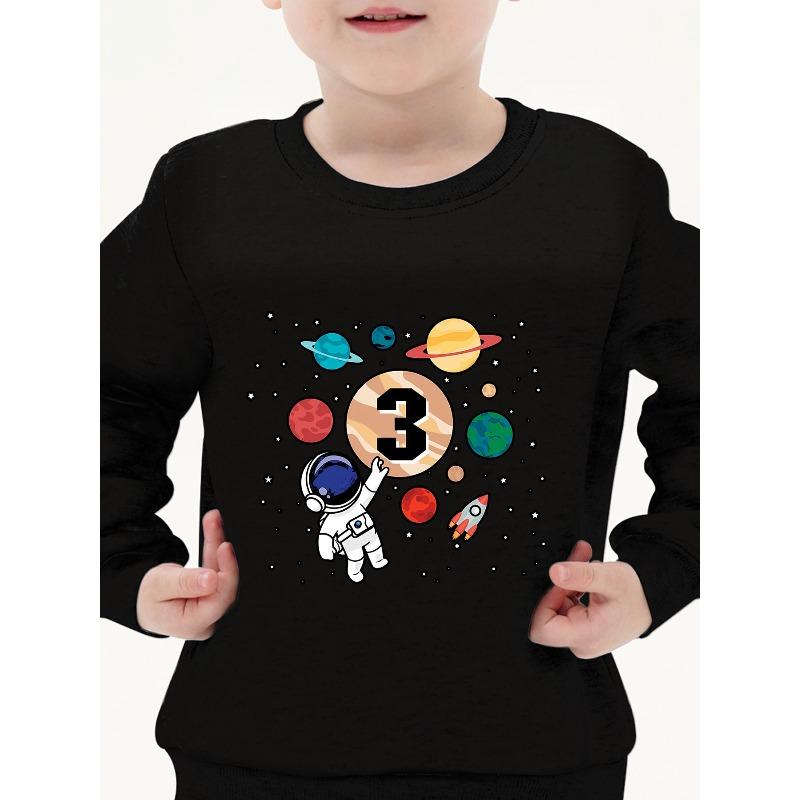 European sizes Kids' 3 Birthday Planet Style Astronaut Print Pattern Fleece Warm Top Fashion Print Pattern Wear Casual Long Sleeve