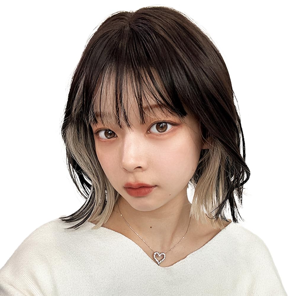 AQUADOLL Bob Wig with Outward Curls and Inner Color, Full Wig, Blonde, Pink, One Size Fits Most, MBKNC2-X. Black Milky (wg348MBKNC2-X)