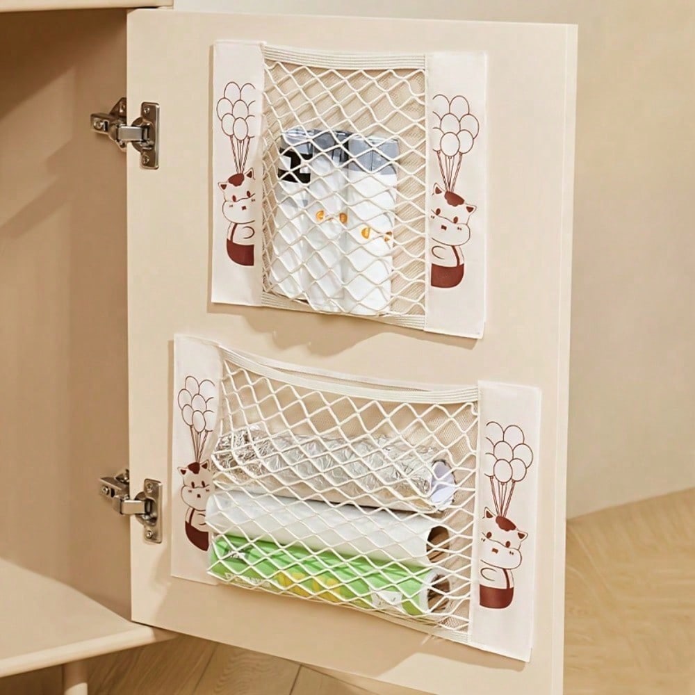 Durable Wall-Mounted Mesh Bag Dispenser With Cute Cartoon Design - Foldable Breathable Polyester Garbage Bag Holder
