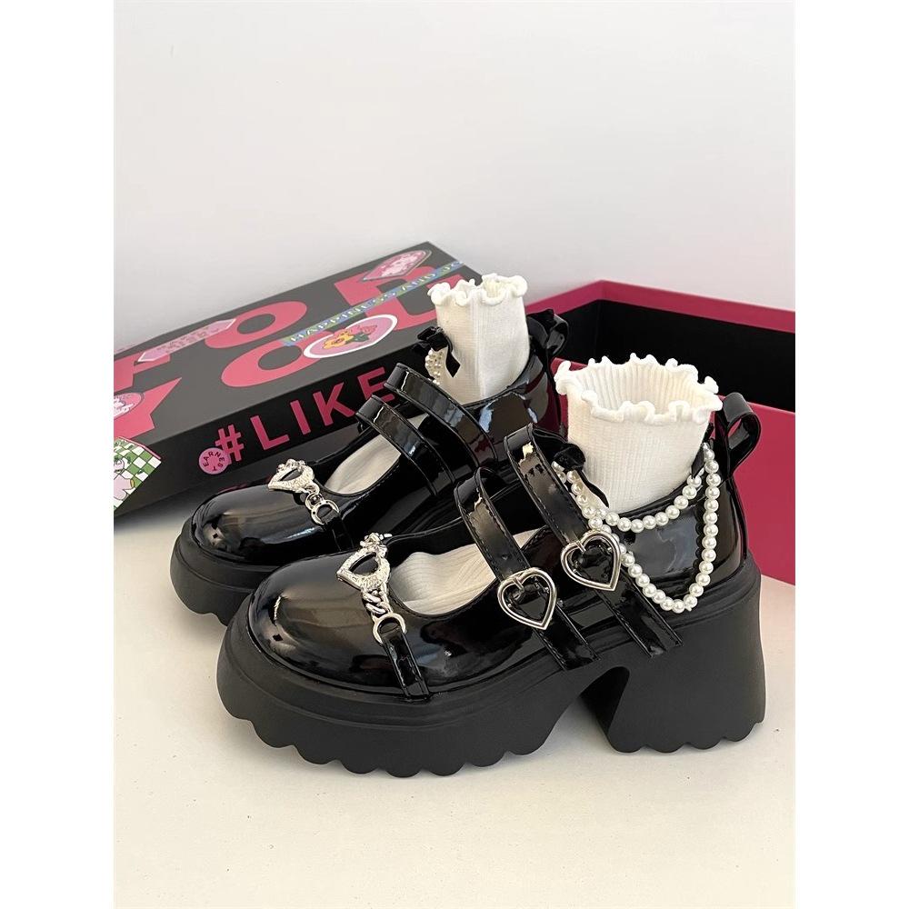 Spring 2025 Dark Style Mary Jane Shoes: Sweet Heart Design, Thick Soles, Height-Increasing, Leather.