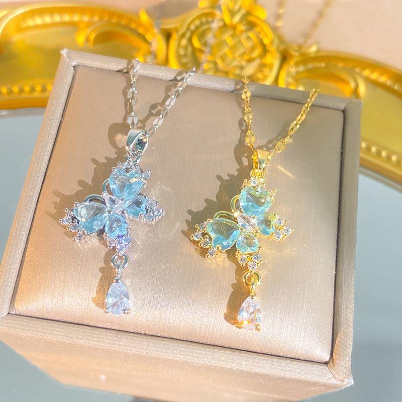 Women S Butterfly Tassel Titanium Steel Necklace Zircon Inlaid Clavicle Chain