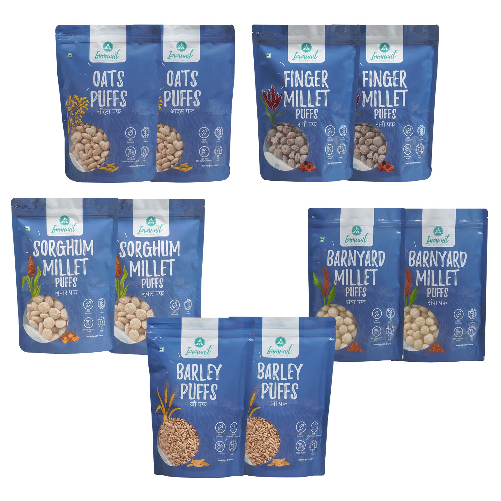 Immunit Gluten Free, Low Fat Assorted Puffs Pack of 10 (2 Each*Ragi Puffs, Jowar Puffs, Barley Puffs, Oats Puffs, Barnyard Puffs) | Healthy & Tas