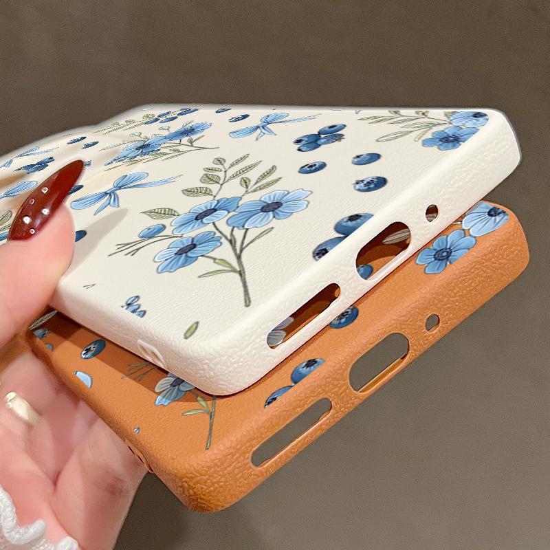 Blaubeere Schleifen Blumenmuster Hülle Für Xiaomi 14T 13T 11T Pro Funda Redmi Note 14 13 12 11 Pro 5G 4G Lederstruktur Silikonhülle