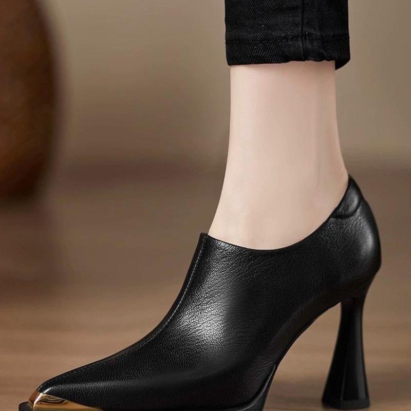 Metal Pointed Toe Stiletto Single Shoes Autumn New Deep Mouth Side Zipper Anti-Slip Wear-Resistant High Heels
