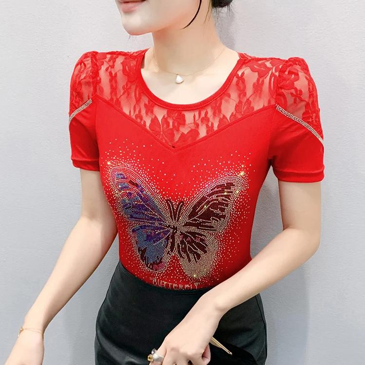 Summer New Sexy Off Shoulder Lace T-Shirt Women's Shiny Butterfly Hot Diamonds Designer Tops Elegant Slim Female Tees