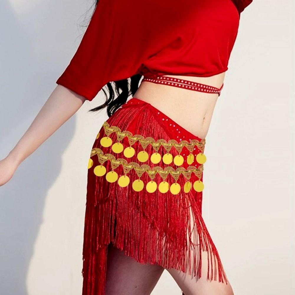 Shiny Tassel Belly Dance Waist Chain Golden Pendant Sequins Lace Trim  Stage Costume