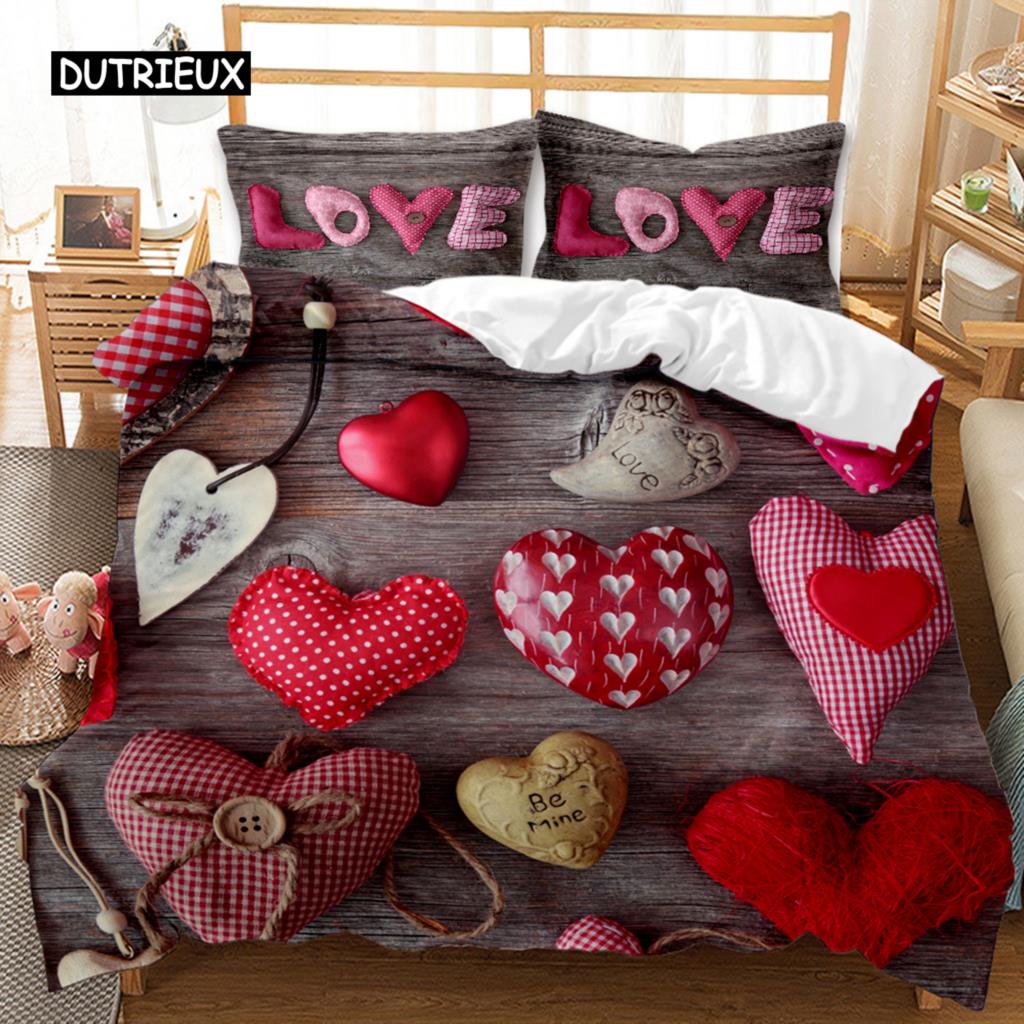 Festival Duvet Cover Set Valentine's Day Print Bedding Set Couple Romantic Polyester Quilt Cover for Lover Full Queen King Size