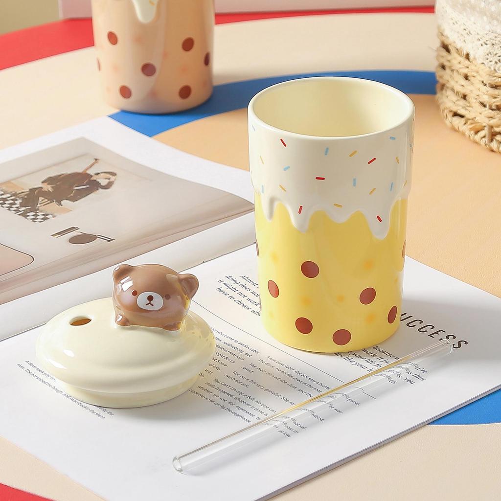 Adorable Bear Ceramic Mug with Lid and Straw - Large Capacity Cup for Home