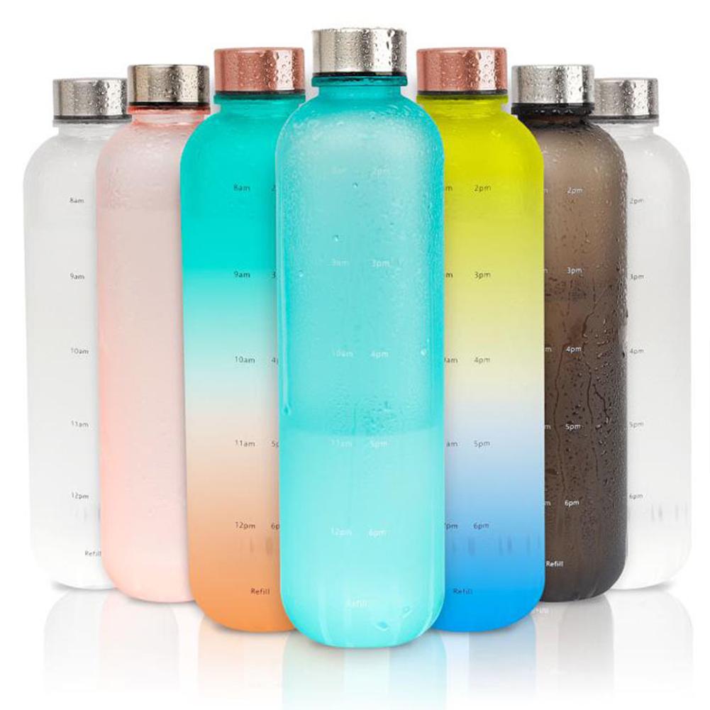 1000 ml Weltraumbecher mit Zeitmarkierung, tragbare Outdoor-Sportflasche, mattierte Farbverlauf-Tasse