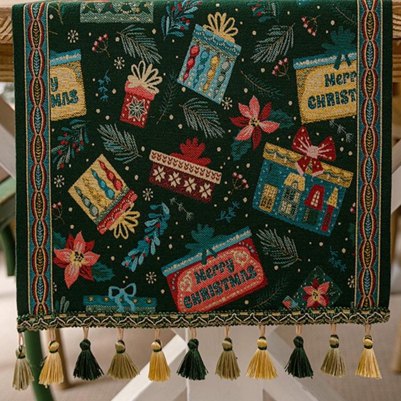 Christmas Chenilles Table Runner With Colorfast Woven Design And Tassels For Festives Home Dining Atmosphere Decoration