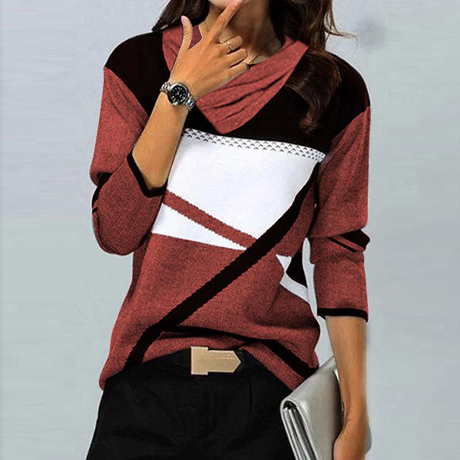 

Женские топы Нарядные повседневные рубашки с длинными рукавами с перекрестным V-образным вырезом и цветными блоками Повседневная туника Блузки Топы XXXXXL винный