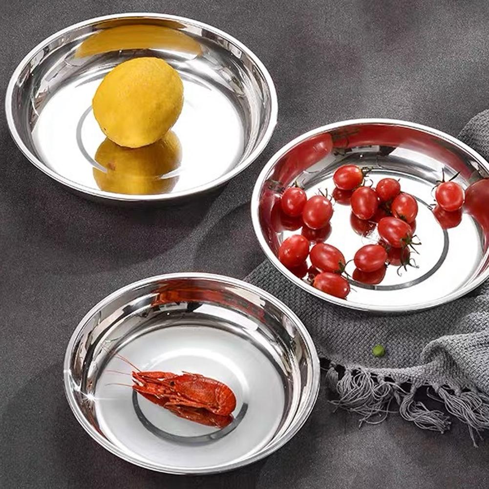 Büyük Paslanmaz Çelik Kalın Düz Yuvarlak Tabak tepsi Servis Tabağı Gümüş Servis Tepsisi Pasta Metal Derin Tabak Yemek Tabak Takımları