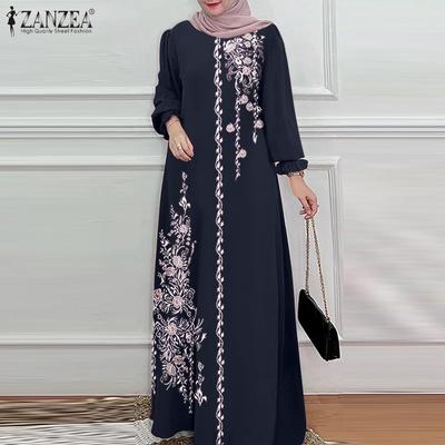 Women Casual O-neck Long Sleeve Retro Print Long Dress
