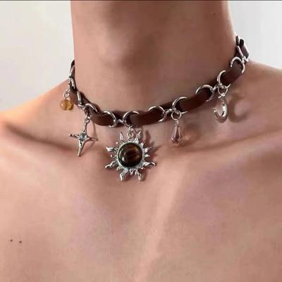 Fashion Leather Necklace Metal Vintage Collarbone Chain Gothic Star Sun Pendant Necklace Jewelry Gift