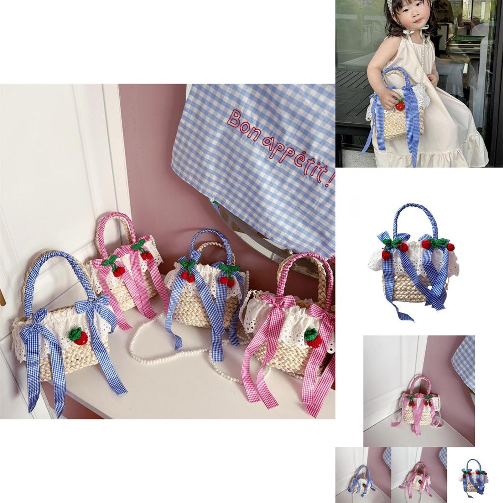 Charming Breathable Straw Woven Kids Crossbody Bag In Cute Strawberry And Cherry Styles