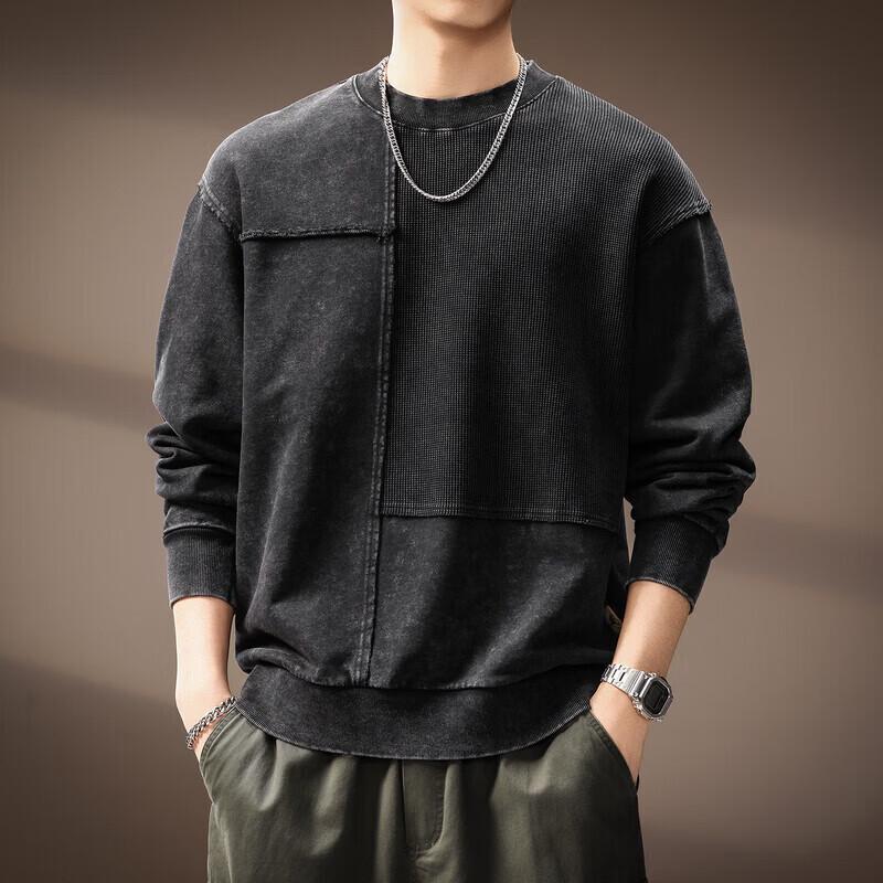 Мужской свитшот с длинным рукавом в американском ретро-стиле, пэчворк, с эффектом стирки XL