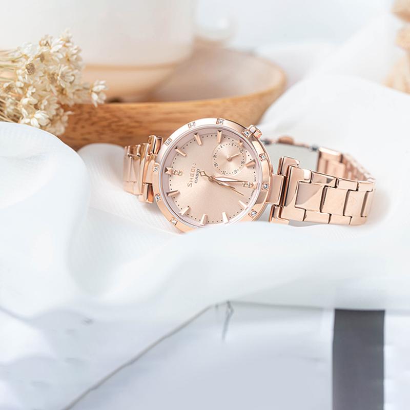 Casio Sheen Series Date Display Minimalist Fashion Quartz Movement Stainless Steel Strap 37.5Mm Watch Gold Dial Women Watches SHE-4051PG-4A
