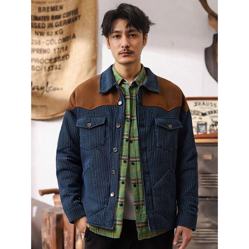 American-Style Retro Denim Patchwork Work Shirt Cotton Jacket for Men Winter Coat Foreign Trade Men s Cotton Clothing Blue L