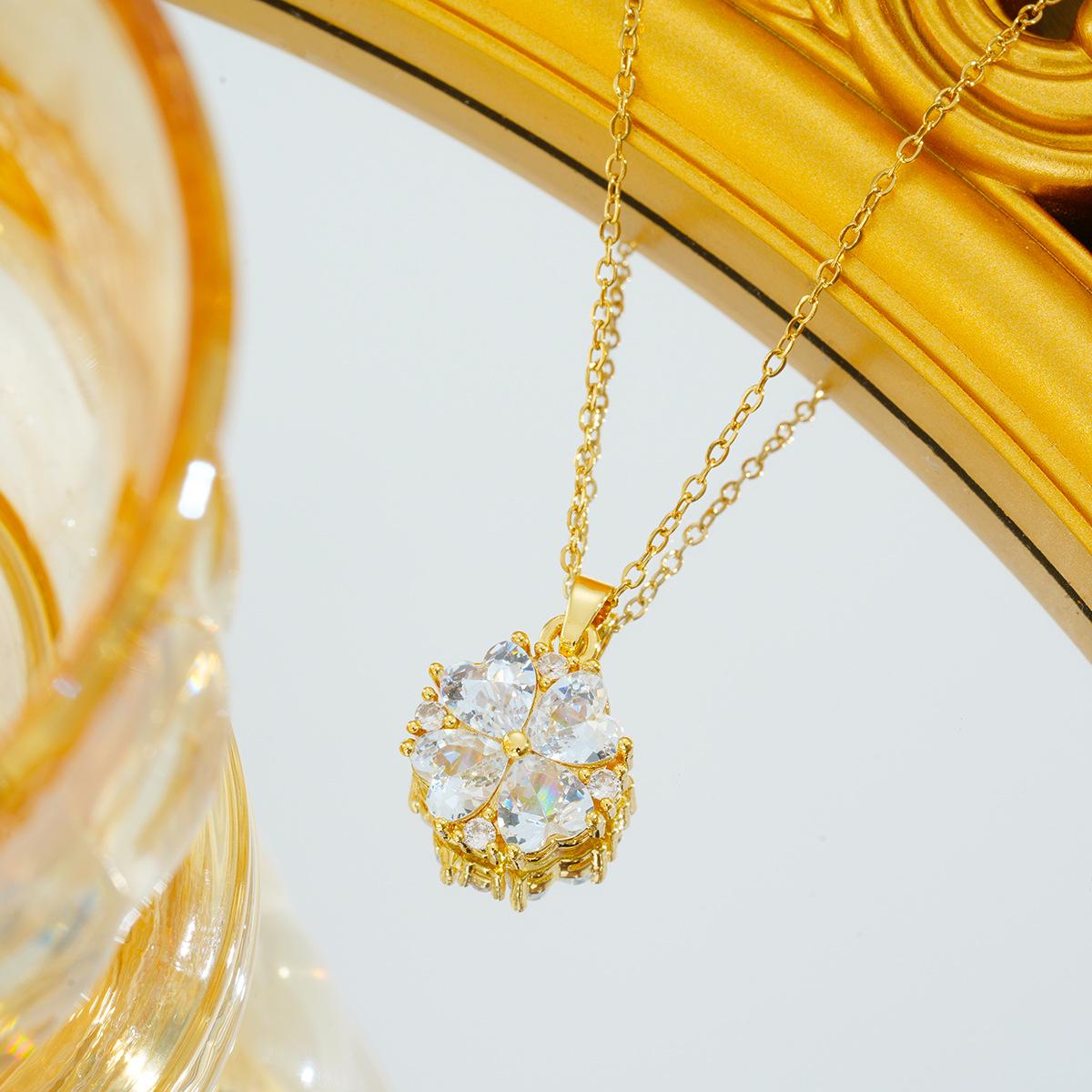 

Titanium Steel Colorful Heart & Four-Leaf Clover Zircon Pendant Necklace for Women