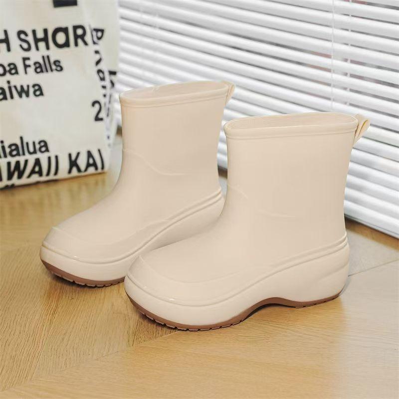 Woman New Thick Sole High Top Rain Boots Waterproof Non Slip Round Toe Detachable Cotton Cover Wedges Fashionable Water Shoes