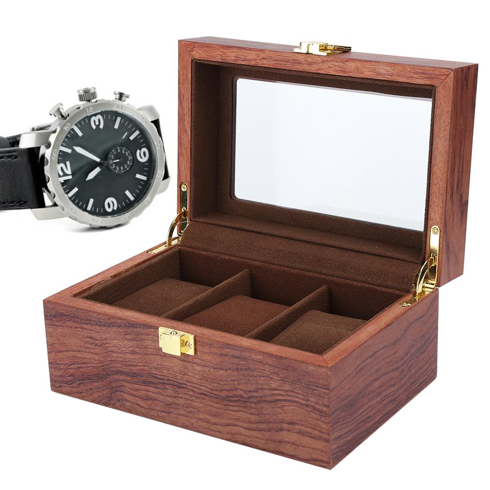 Wooden 3 Grid Watch Display Box Transparent Window Anti‑Slip Watch Storage Box