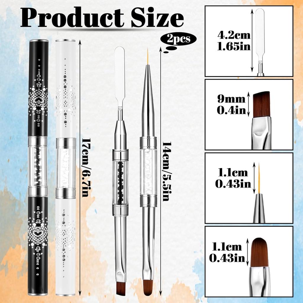 2pcs Gel Builder Brush, Nail Builder Gel Brush, Double Ended French Tip Brushes Hard Gel for Nails, Liner Brushes with Shiny Handle for Design Nails