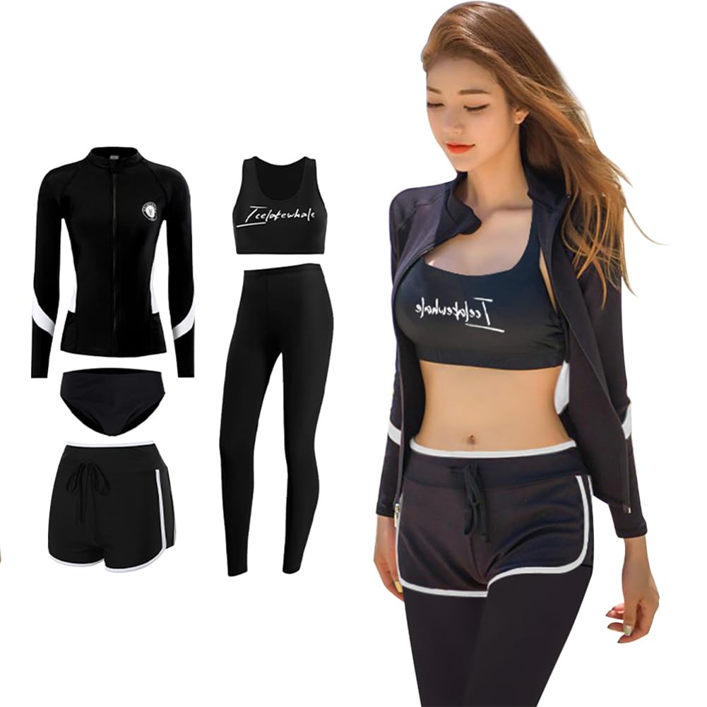 

ANGJ Fitness УФ-защита, спортивные леггинсы с длинным рукавом, женский купальник из 5 предметов, защита, купальник, амфибия, бюстгальтер, шорты,