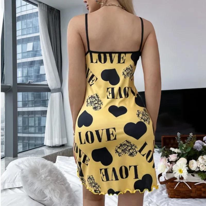 Letní dámská noční košile Krásná záda Tenká sekce Domácí oblečení Sexy halter Krátká sukně Láska Kreslený Roztomilý potisk Pyžamo