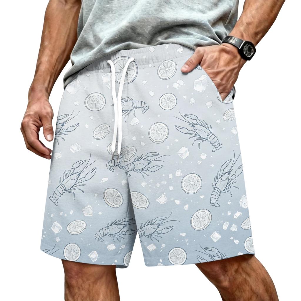 Men's Hawaiian Print Mesh Shorts with Drawstring Elastic Waist for Summer Beach and Casual Wear