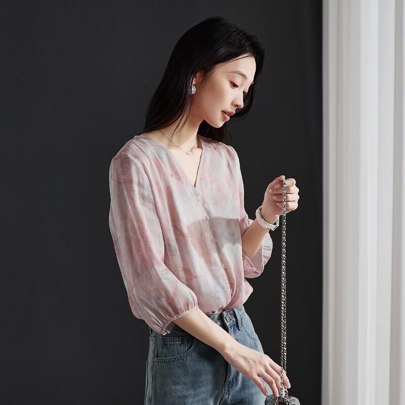 SOFSIL 2026 Summer French Style Silk Blend Plant Print Blouse L