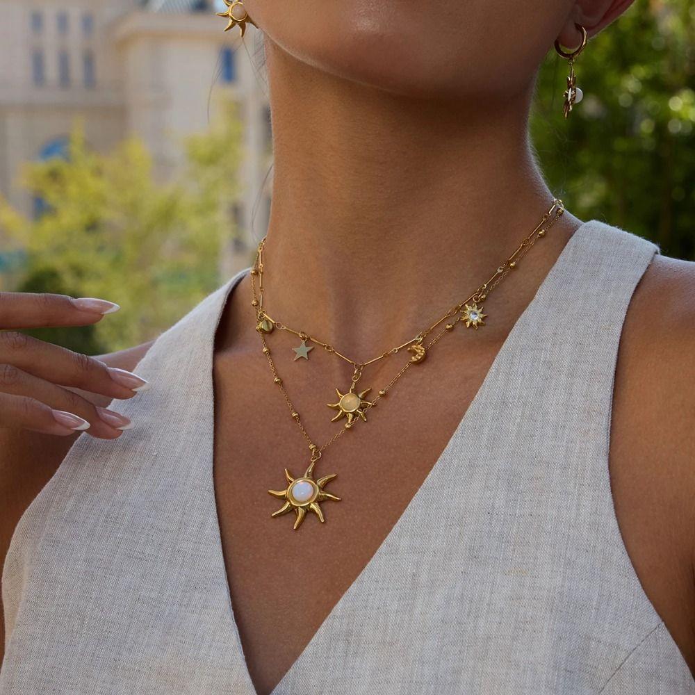 Stainless Steel 18K Gold Plated Necklace Layered Chain Double Stacked Neck Chain Sun Pendant  Beach