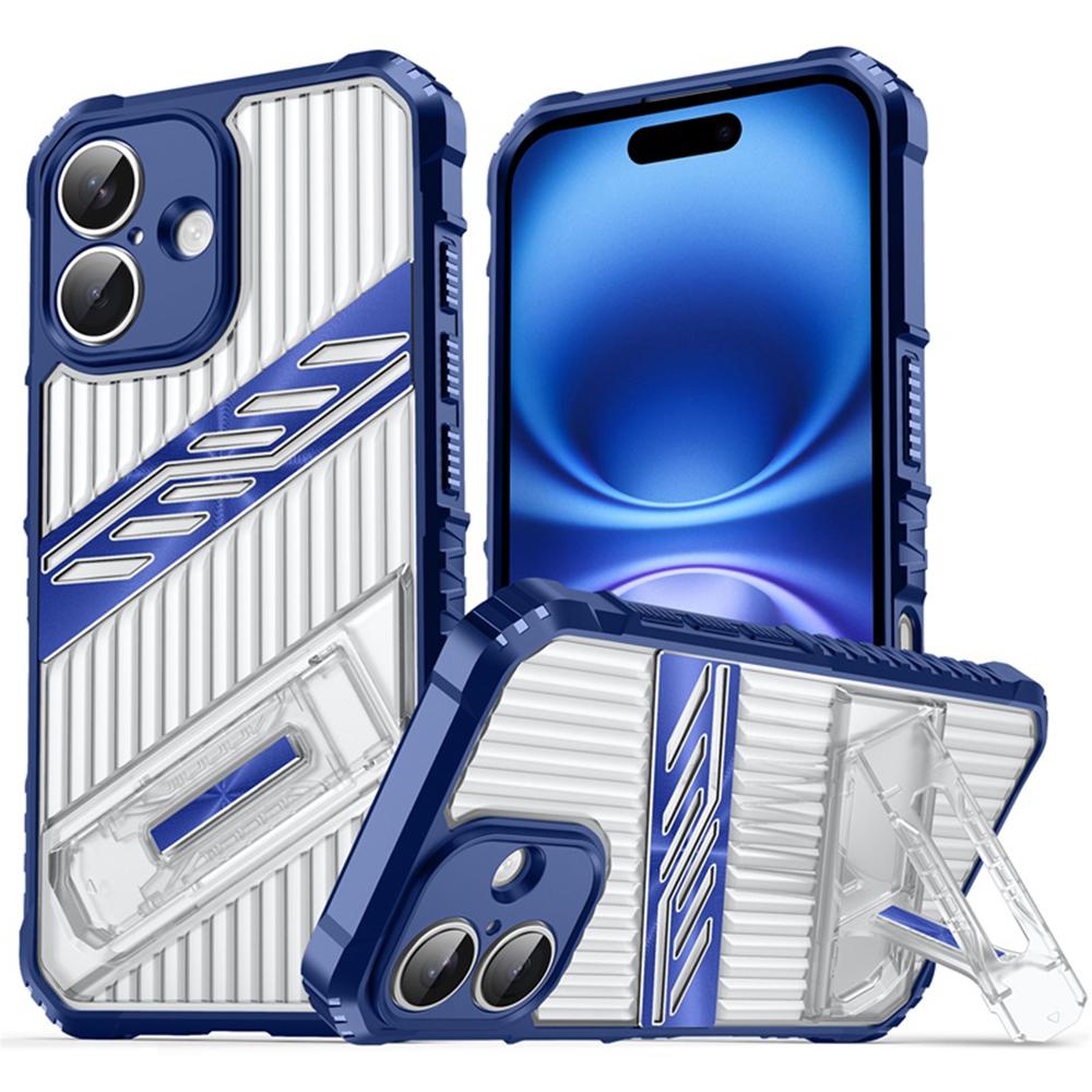 

For iPhone 16 Case Folding Kickstand PC+TPU Anti Drop Phone Cover Navy Blue