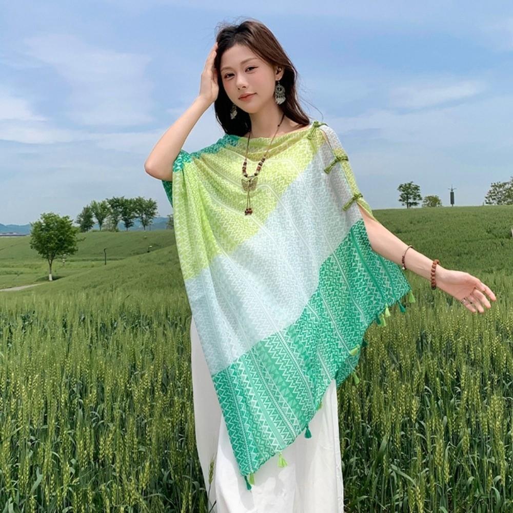 Tassels Sunscreen Scarf Shawl Knot Button National Style Cloak Fashion Cardigan Cape  Outdoor