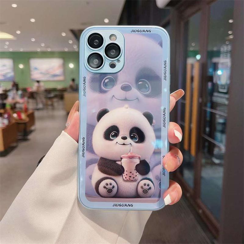 Süße Panda Metallic Paint Glas Handyhülle für iPhone 15 14 13 12 11 Pro Max stoßfeste Abdeckung