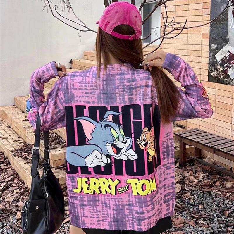 Women's Retro Cartoon Purple Tie-Dye Long Sleeve T-Shirt - 2024 Early Autumn Trend