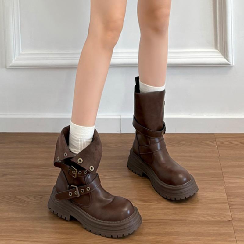 Leather Platform Maillard Medium Boots Children's New Versatile Retro Brown Martin Boots Women