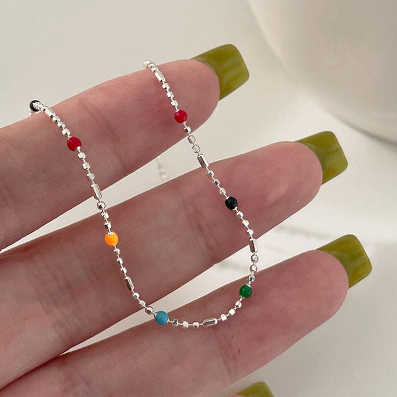 Korean Rainbow Bead Bracelet, S925 Sterling Silver, Simple Niche Design, Stylish Round Bead Jewelry for Women.