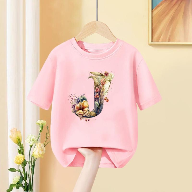 Girls T Shirt Custom Name Letter Combination Print Tshirt Flower Letter Font A B C D E F G Short Sleeve Kids Pink Tops