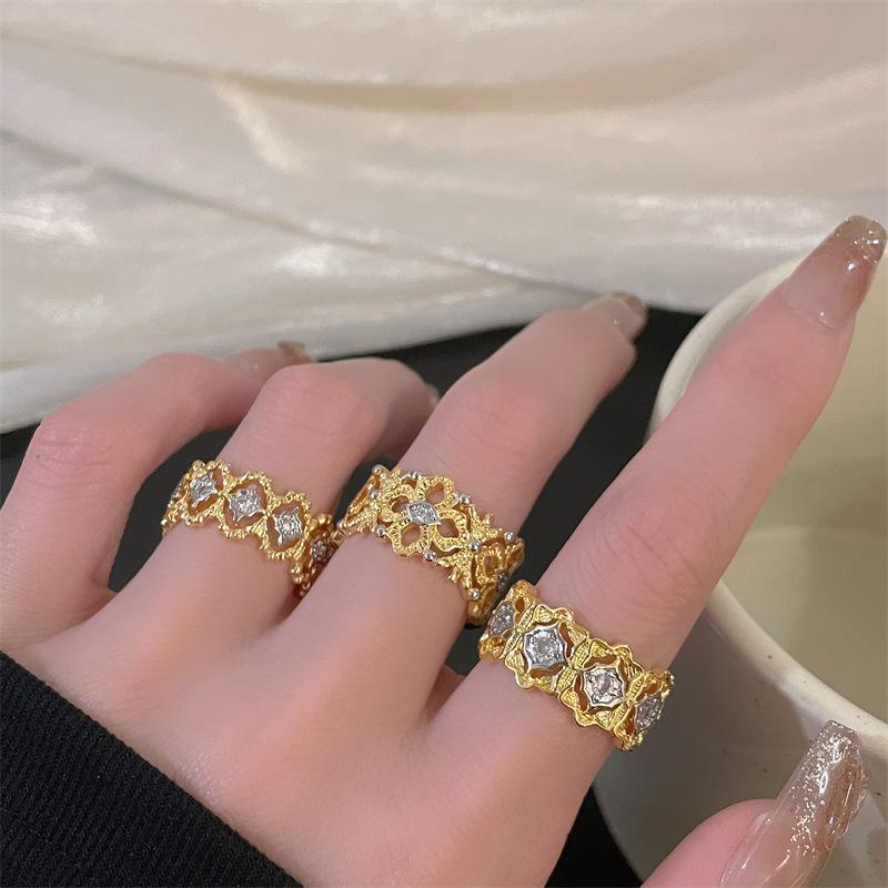 Color Separation Retro Court Luxury Lace Hollow Open Ring Niche Design Personality Ring Woman