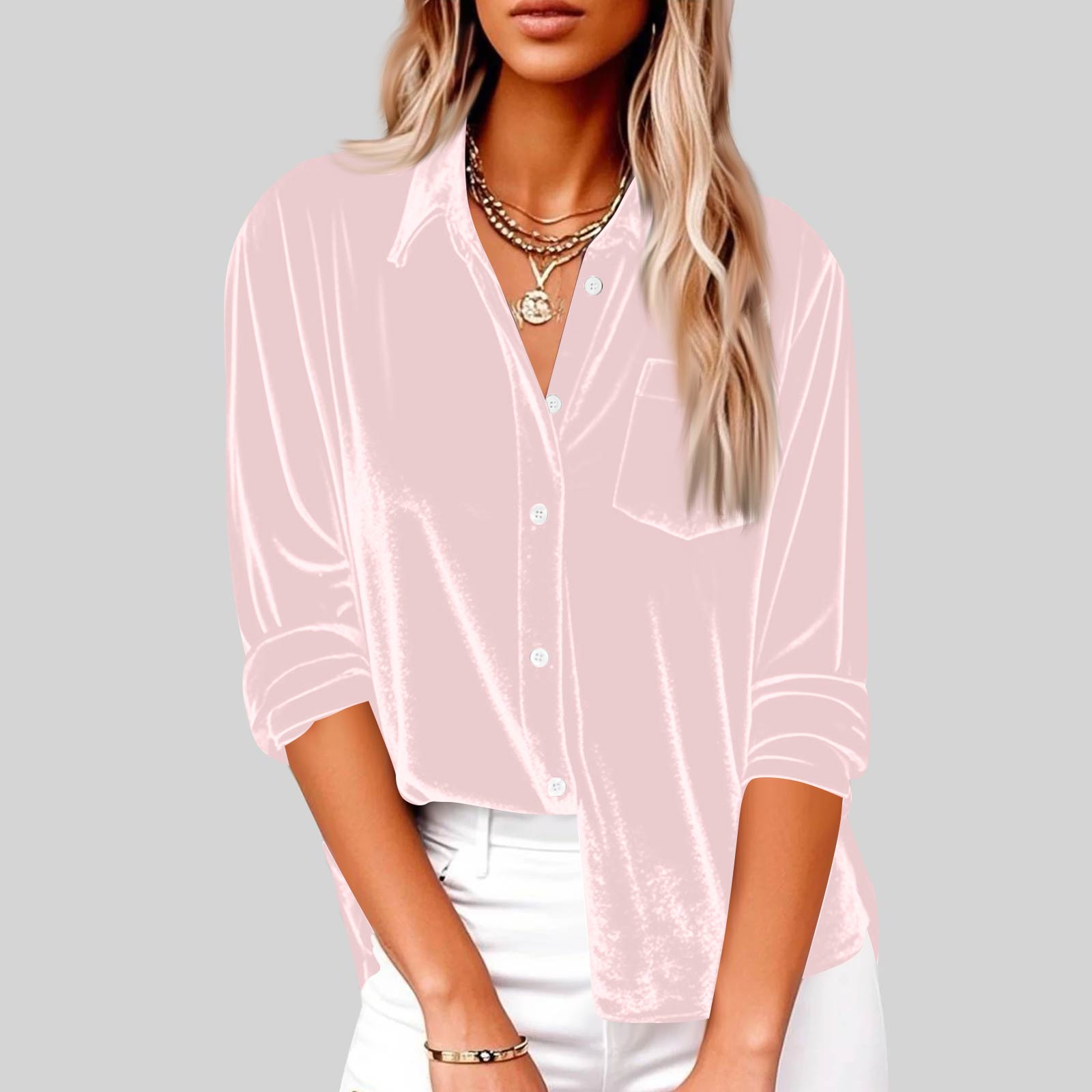 

Женская модная повседневная бархатная блузка с длинным рукавом и воротником с карманами M розовый