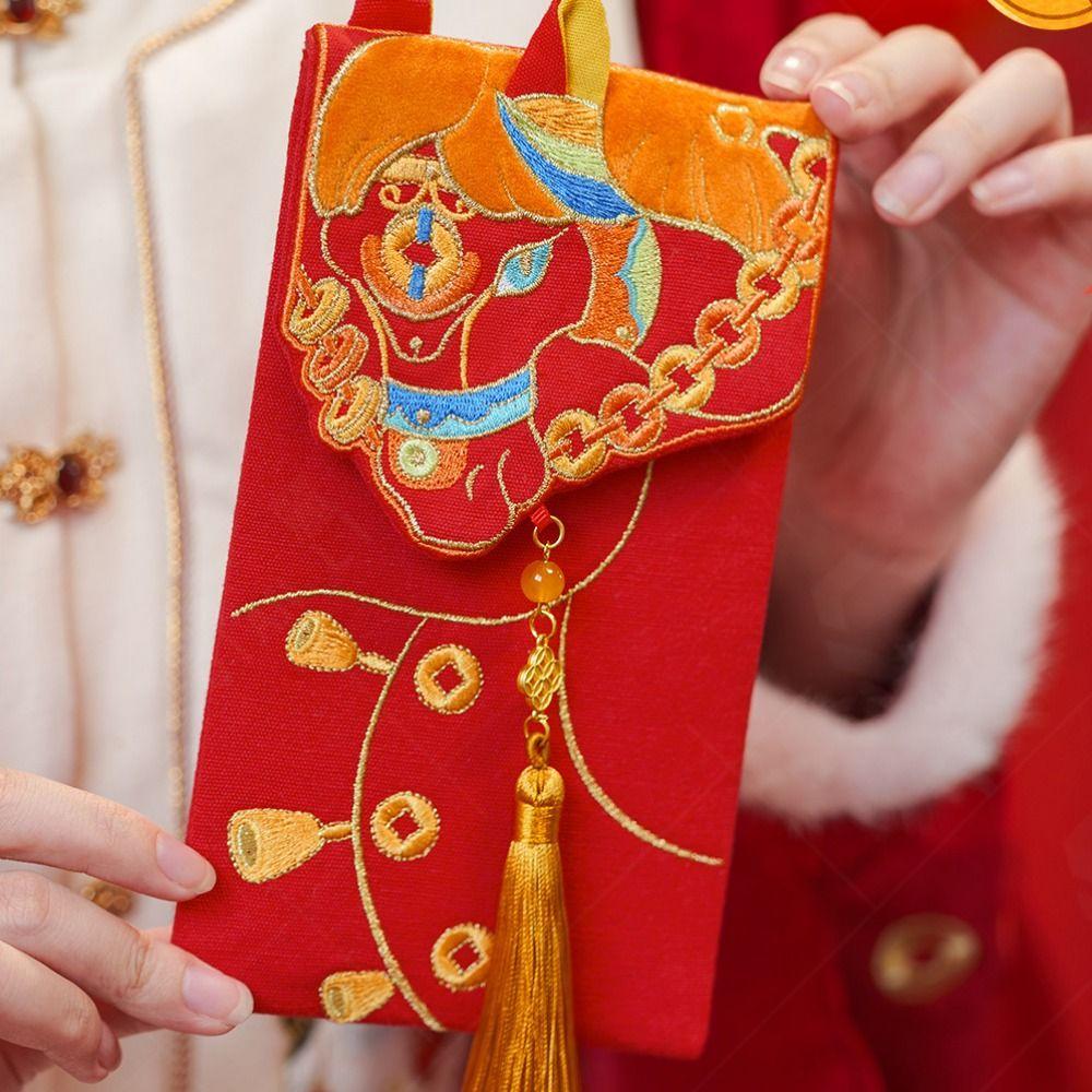 Chinese 2026 New Year Red Envelope Cartoon Glitter Frosted Lucky Money Pockets Thickened Blessing Horse Year Money Envelope