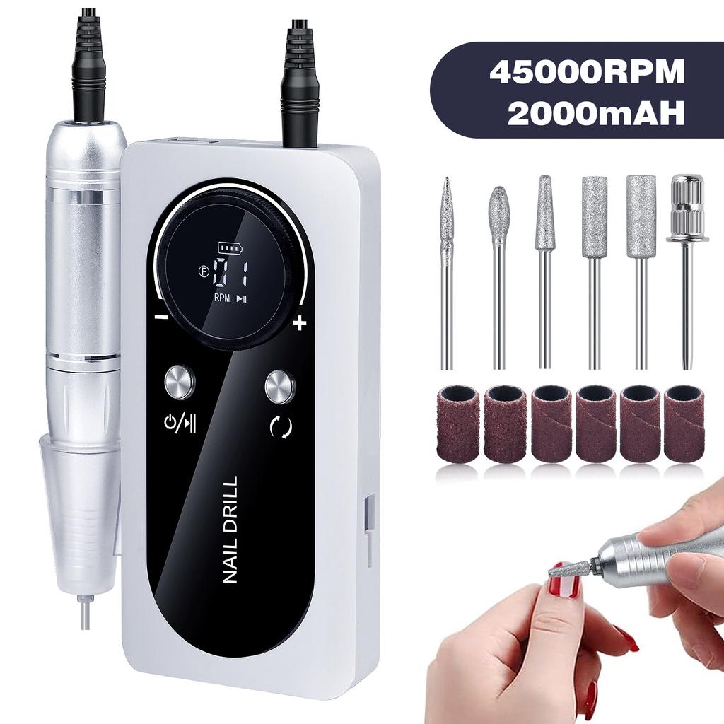 Professional Nail Drill Electric Nail File Manicure Pedicure Kit 45000RPM Portable with 6 Drill Bits for Salon and Home Use
